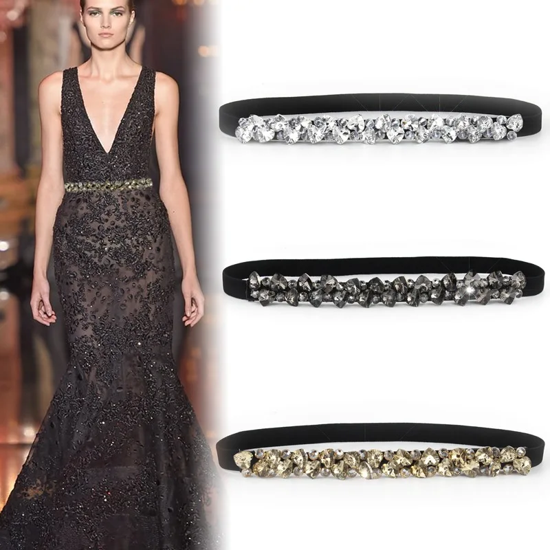 

Rhinestone Elastic Belt Luxury Full Crystal Gem Black Female Waistband Fur Coats Down Generation Womens Dress Belts Sd28