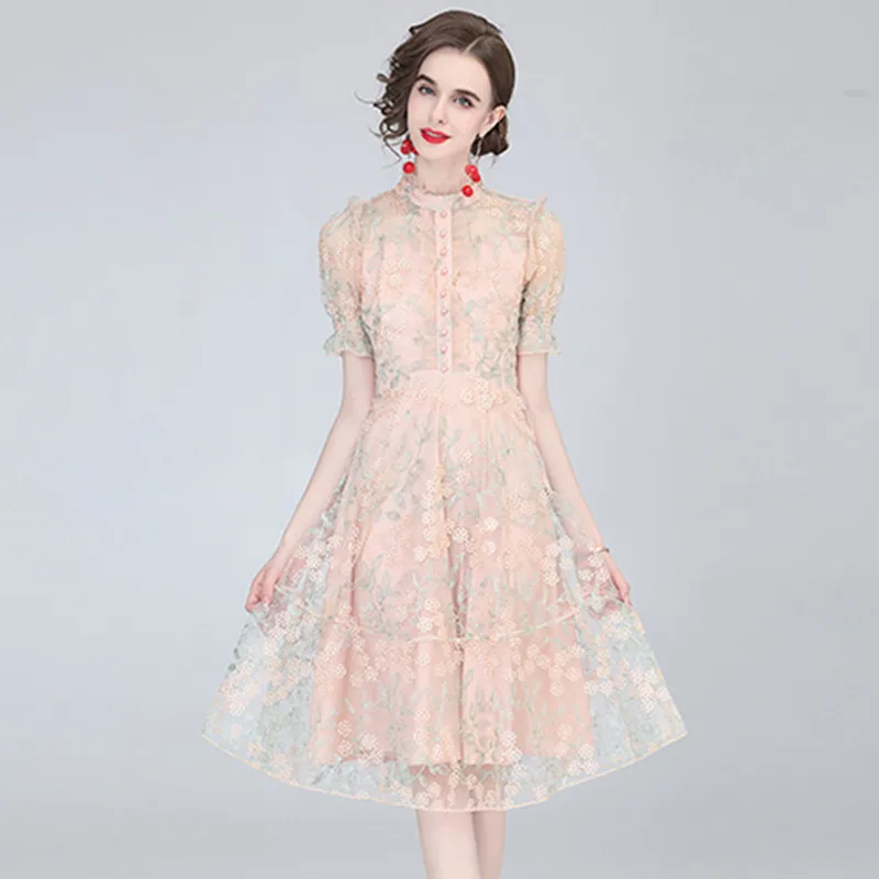 

Женское Сетчатое платье с цветочной вышивкой, модельное повседневное офисное праздвечерние чное платье миди с коротким рукавом и оборками, лето 2022