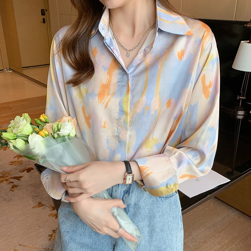 

Шелковая женская блузка, свободная рубашка-поло для девушек, летняя модная женская шифоновая Повседневная рубашка с длинным рукавом и прин...