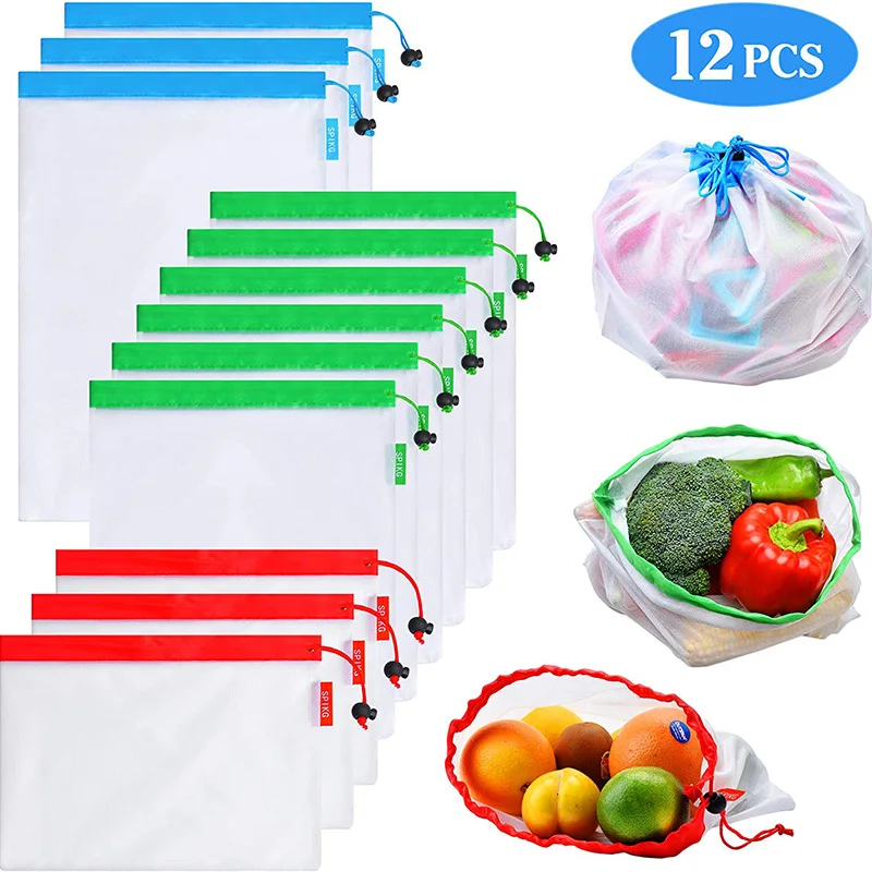 

12Pack Reusable Mesh Produce Bags Washable Eco Friendly Lightweight Bags For Grocery Shopping Storage Fruit Vegetable Net Bag