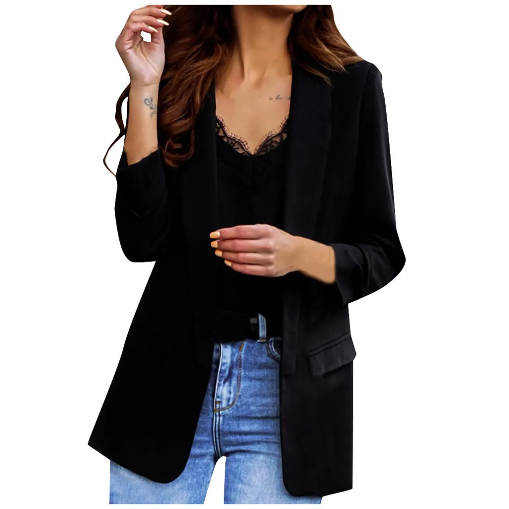 Женская мода отложной воротник однотонный длинный рукав тонкая верхняя одежда