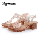 EOFKлетние женские босоножки; Прозрачная обувь в стиле ретро; Блестящие сандалии в римском стиле на толстом каблуке с открытым носком; Нескользящая пляжная обувь; 2020