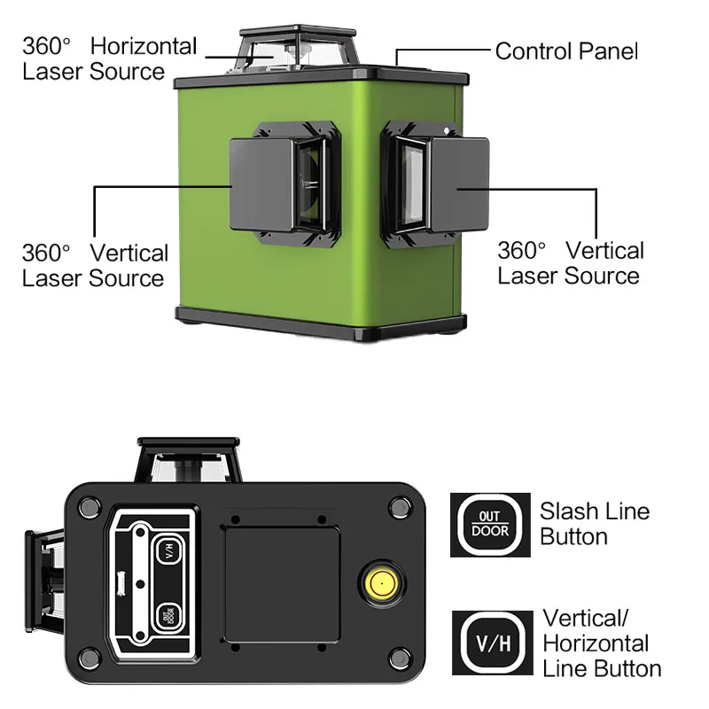 КИРА Серия DC 12 Линий 3D Зеленый Лазерный Уровень Горизонтальный и Вертикальный Крест с Автоматической Самонивелировкой Внутри и Снаружи.