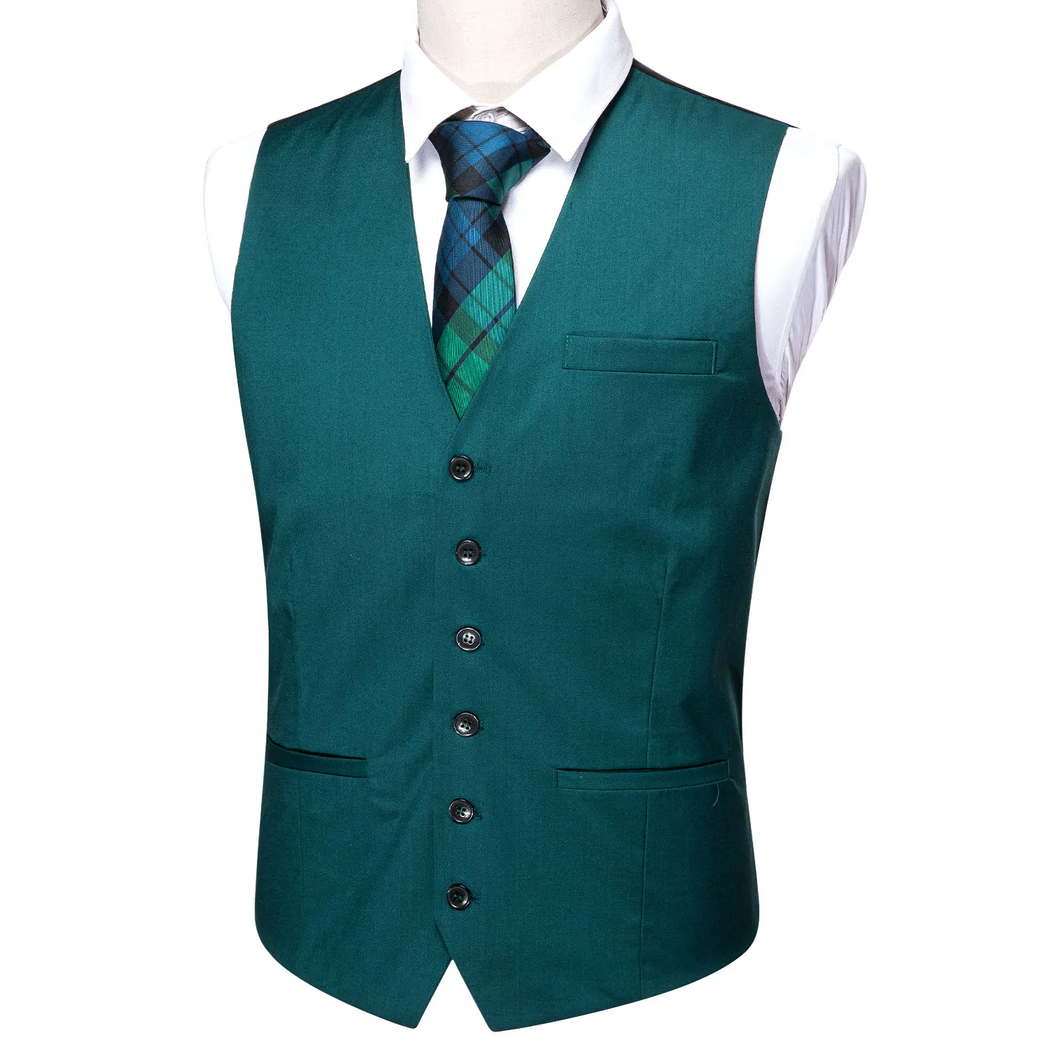 

Barry.Wang Mens Teal Blue Solid Waistcoat Blend Tailored Collar V-neck 3 Pocket Check Suit Vest Tie Set Formal Leisure MD-2307