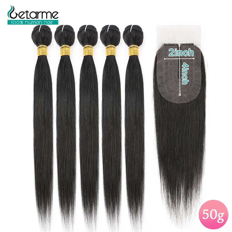 

50g/Piece Brazilian Straight Hair Bundles With Closure Non-Remy 2*4 Tissage Bresiliens Avec Closure With Bundles Low Ratio