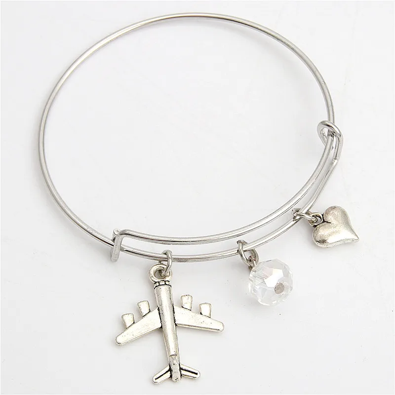 1pc Airplane Bangle With Beads Heart Charms Plane Bracelet Travel Jewelry For Pilot Gift E2193 | Украшения и аксессуары