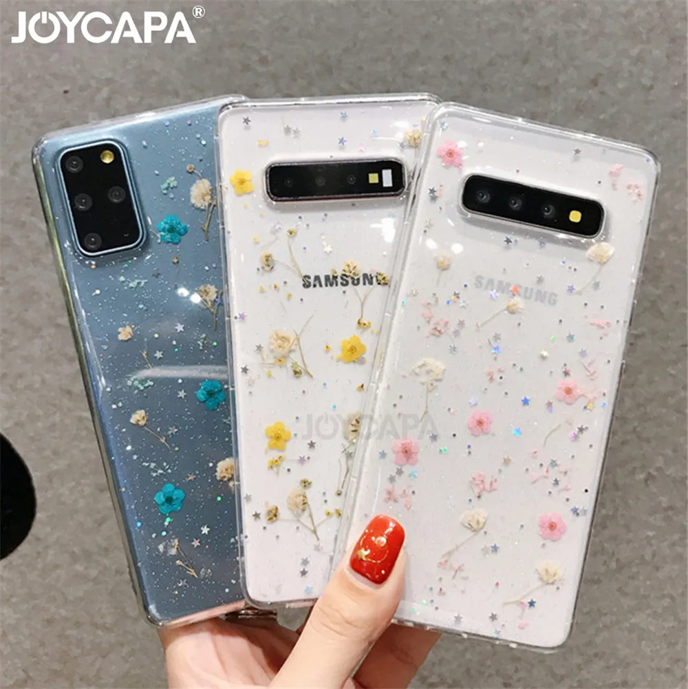 Блестящий чехол с настоящими сушеными цветами для Samsung S20FE S8 S9 S10 Plus Note 8 9 10 20 Ultra A21