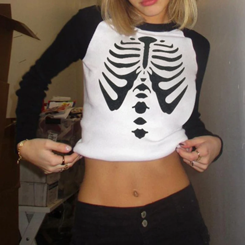 

Round Neck High Street crop top For Women Outing y2k Female clothing Slim harajuku ropa mujer Long-Sleeved T-Shirt Print Slim