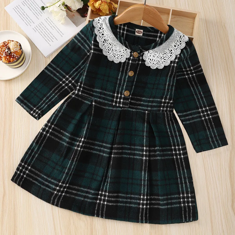 2022 new spring long-sleeved lattice lace collar children's dress 0-6 years old baby western-style | Детская одежда и обувь