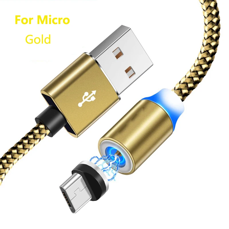 Магнитный Кабель Micro-USB для OPPO A1K A3S AX7 A5 A7 A9 F5 F7 F9 huawei Y5 Y6 Y7 Y9 QC 3,0 быстрой зарядки автомобильное зарядное устройство - Цвет: Gold 1M Cable