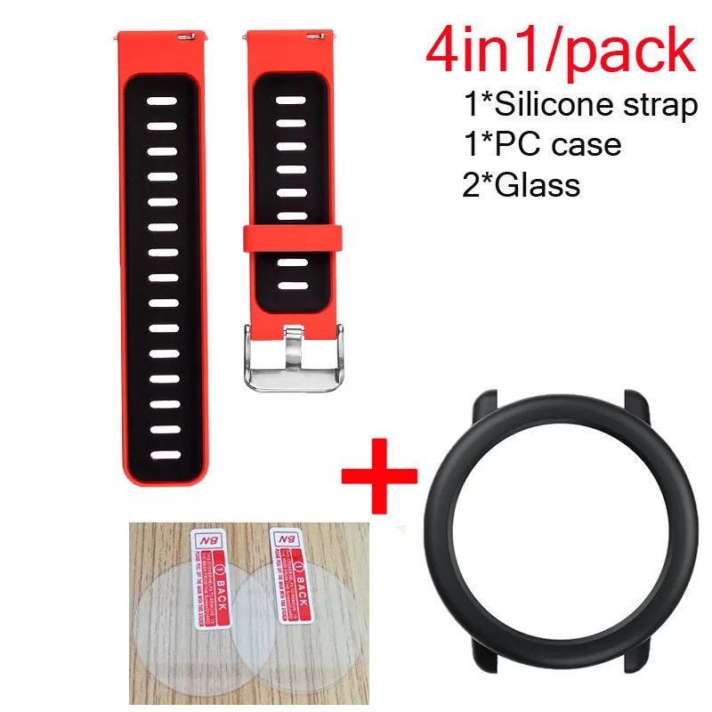 red black-black 4в1 ремешок Huami Amazfit Pace силиконовый ремешок для наручных часов спортивный браслет для наручных часов+ защитный чехол+ Защитное стекло для экрана - Цвет: red black-black