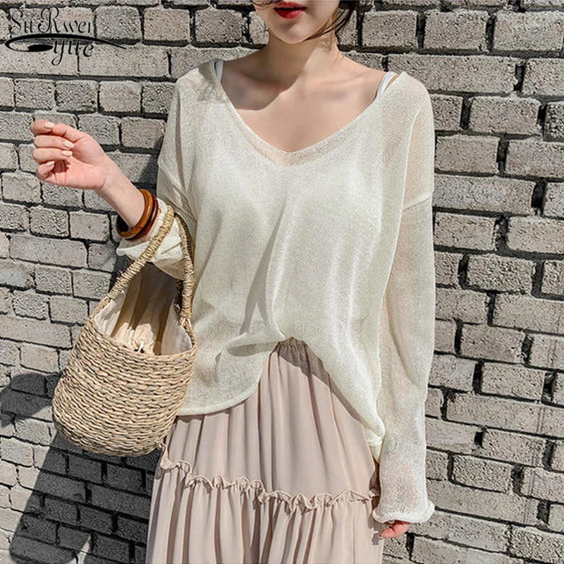 

Korean Loose Sexy V-neck Pullover Tops 2021 Spring and Summer New Solid Color Super Thin Sunscreen Perspective Sweater 9829