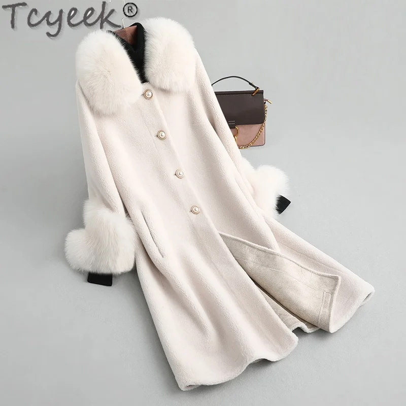 

Tcyeek Elegant Real Fox Fur Collar Overcoat Female Witer 2021 Long Sheep Shearing Jacket Women's Fur Coat Casaco Feminino Gxy681