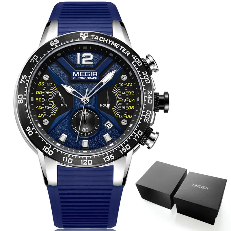 MN2106G-Blue MEGIR мужские армейские спортивные кварцевые часы с силиконовым ремешком, водонепроницаемые светящиеся наручные часы с хронографом, мужские часы 2106 черного цвета - Цвет: MN2106G-Blue