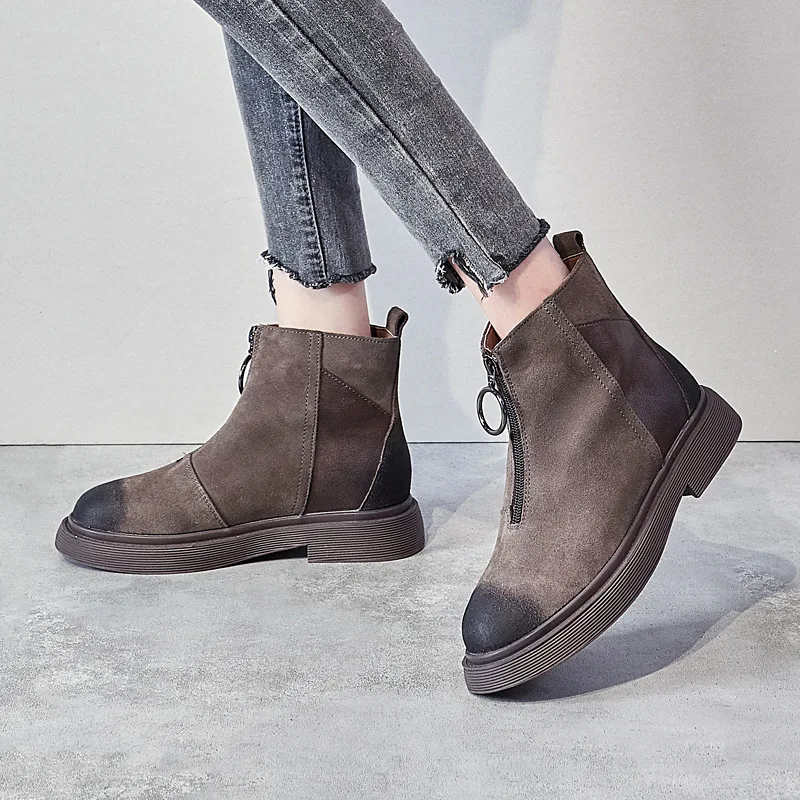 Женские винтажные короткие ботинки на низком каблуке ботильоны из натуральной