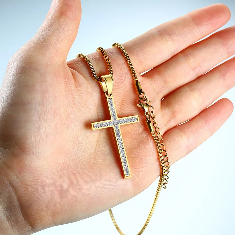 

Ожерелье с крестом, из нержавеющей стали золотого цвета с фианитом AAA, для мужчин и женщин, молитвенный кулон