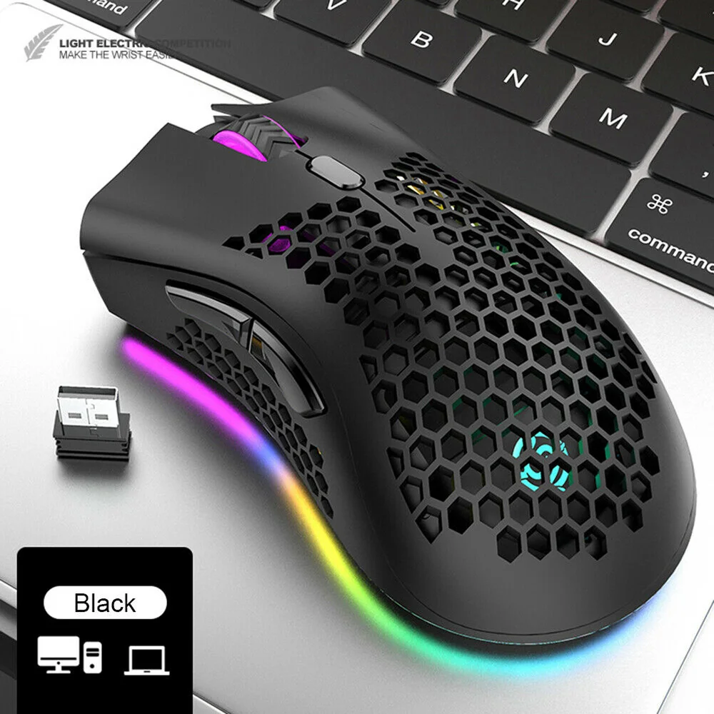 

SAMTIAN 2.4GHz Wireless Gaming Mouse USB Rechargeable 1600DPI Adjustable RGB Backlit Hollow Out Honeycomb Office Gamer Mice