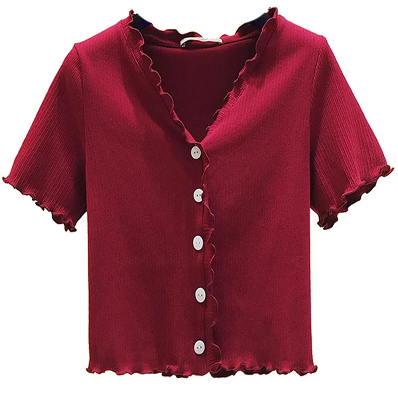 

2021 New Short Sleeve V Neck T-shirt Women's Summer Plus Size Slimming Pure Color Top Female Ruffled Comfortable Shirt