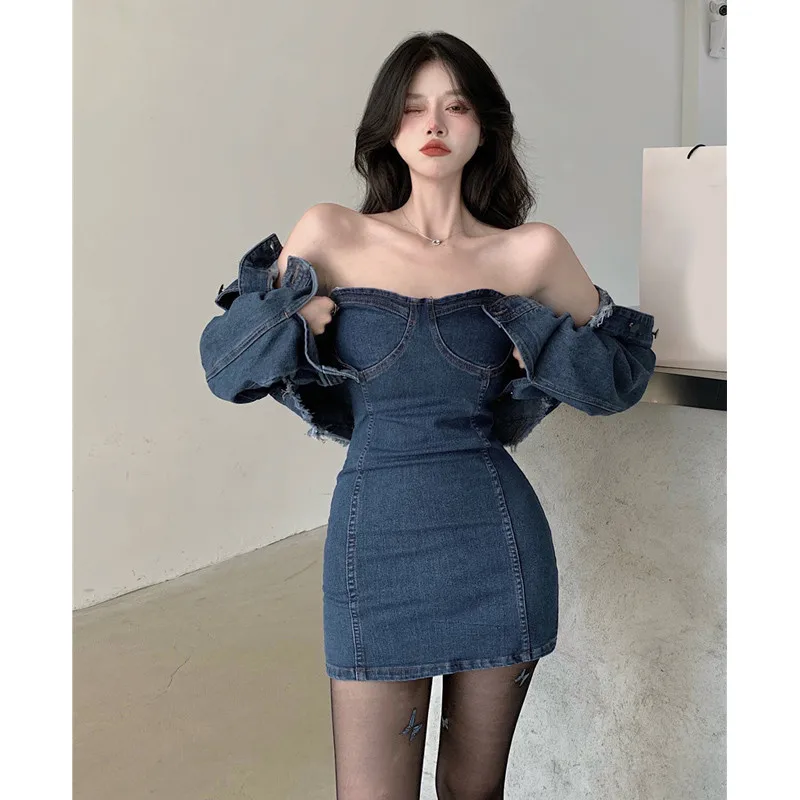 

Women Fashion Denim 2 Piece Dress Sets Bodycon Sexy Strapless Mini Dress&Long Sleeve Short Jackets Suits Chic Girl 2pc Outfits