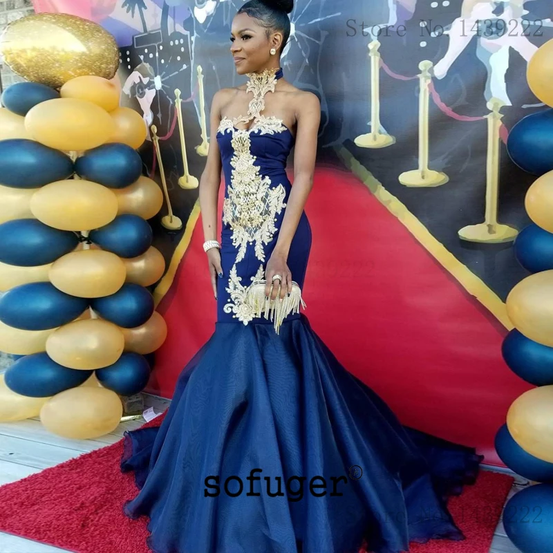 

Navy Blue Halter Organza Evening Dresses Prom Mermaid Lace Appliques Long Arabic Muslim Special Occasion