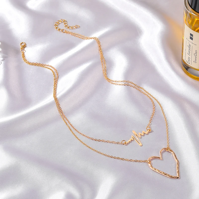 Фото Двойной ЭКГ подвеска в форме сердца ожерелье для женщин Золотой Цвет сплав
