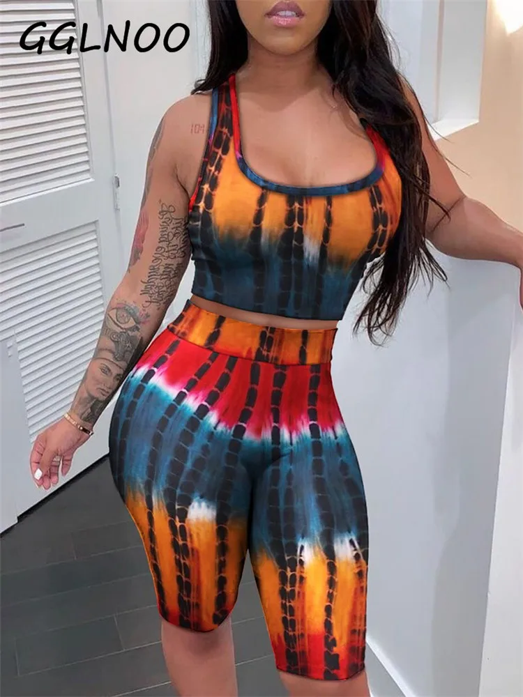 

GGLNOO Summer Fashion Tie-Dye Printed Sleeveless Short Top and High Waist Shorts Set Casual Female Street Wind 2 Piece Set