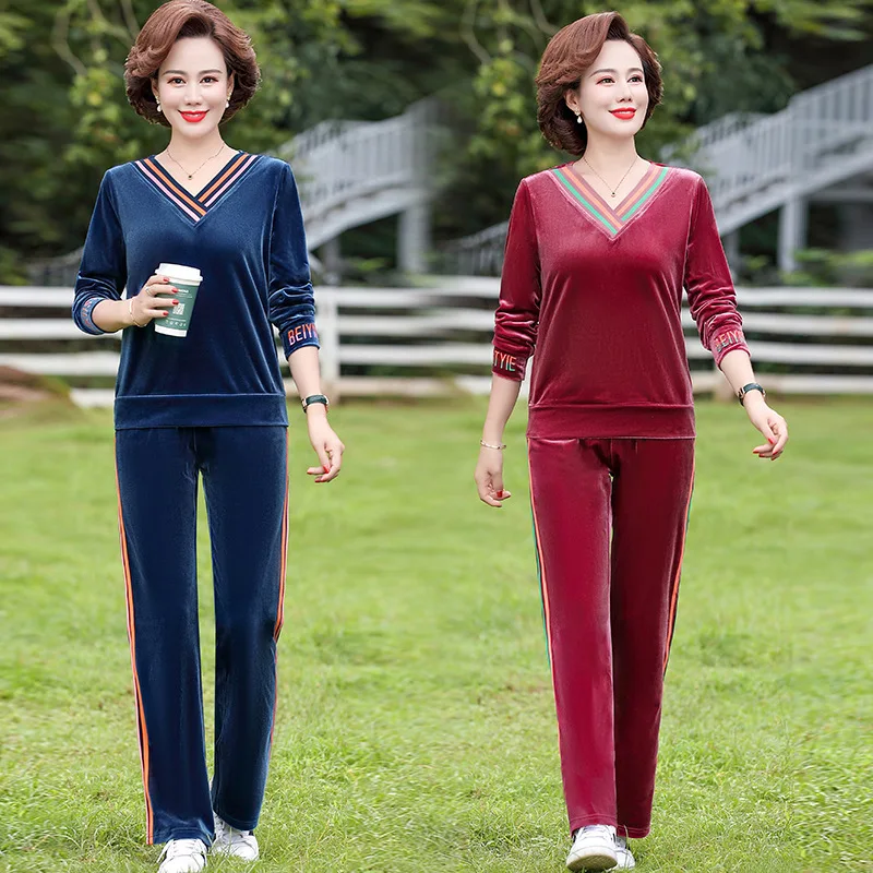 Mid Age Women's Tracksuit Spring Autumn Sports Pants Suit For Female 2021 Fashion Casual Mother Sportswear Clothing W70088