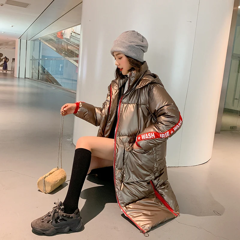 2019 New Special Metal Material Bright Hooded Jacket Women Winter Warm Coat Femal Padded Long Parkas Bomber Outfits Parka | Женская