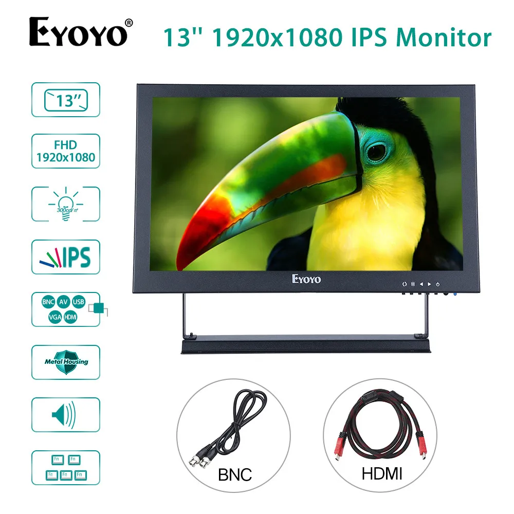 Eyoyo 13 &quotEM13 IPS HDMI BNC монитор FHD 1920X1080 ЖК-экран с VGA AV USB динамиком для DVD DVR ПК CCTV камеры