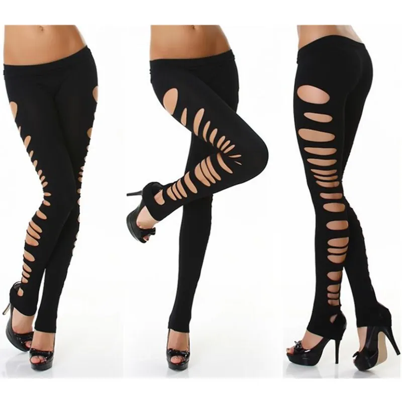 Яркие однотонные леггинсы женские летние сексуальные открытые рваные модные