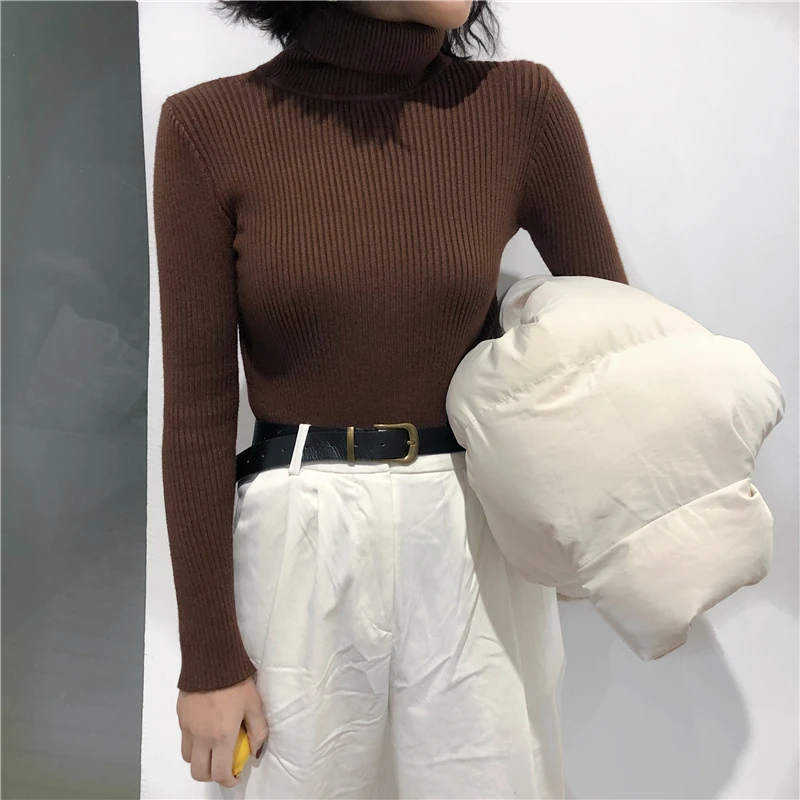 Осень-зима, женский свитер, толстый вязаный пуловер, свитер, водолазка с длинным рукавом, тонкий джемпер в рубчик, мягкий теплый пуловер для женщин