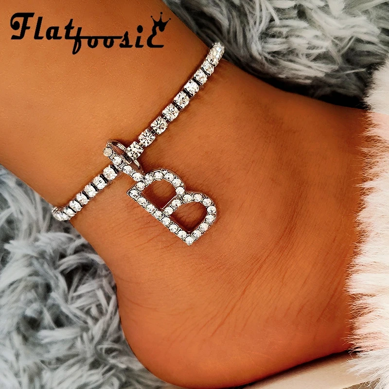 

Flatfoosie Bling Rhinestone Initial Letters Name Anklets for Women Crystal Tennis Chain Ankle Bracelet Barefoot Sandals Jewelry