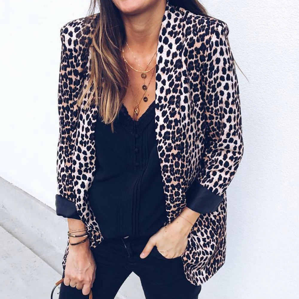 Осенний винтажный Женский блейзер со змеиным принтом с карманами леопардовое
