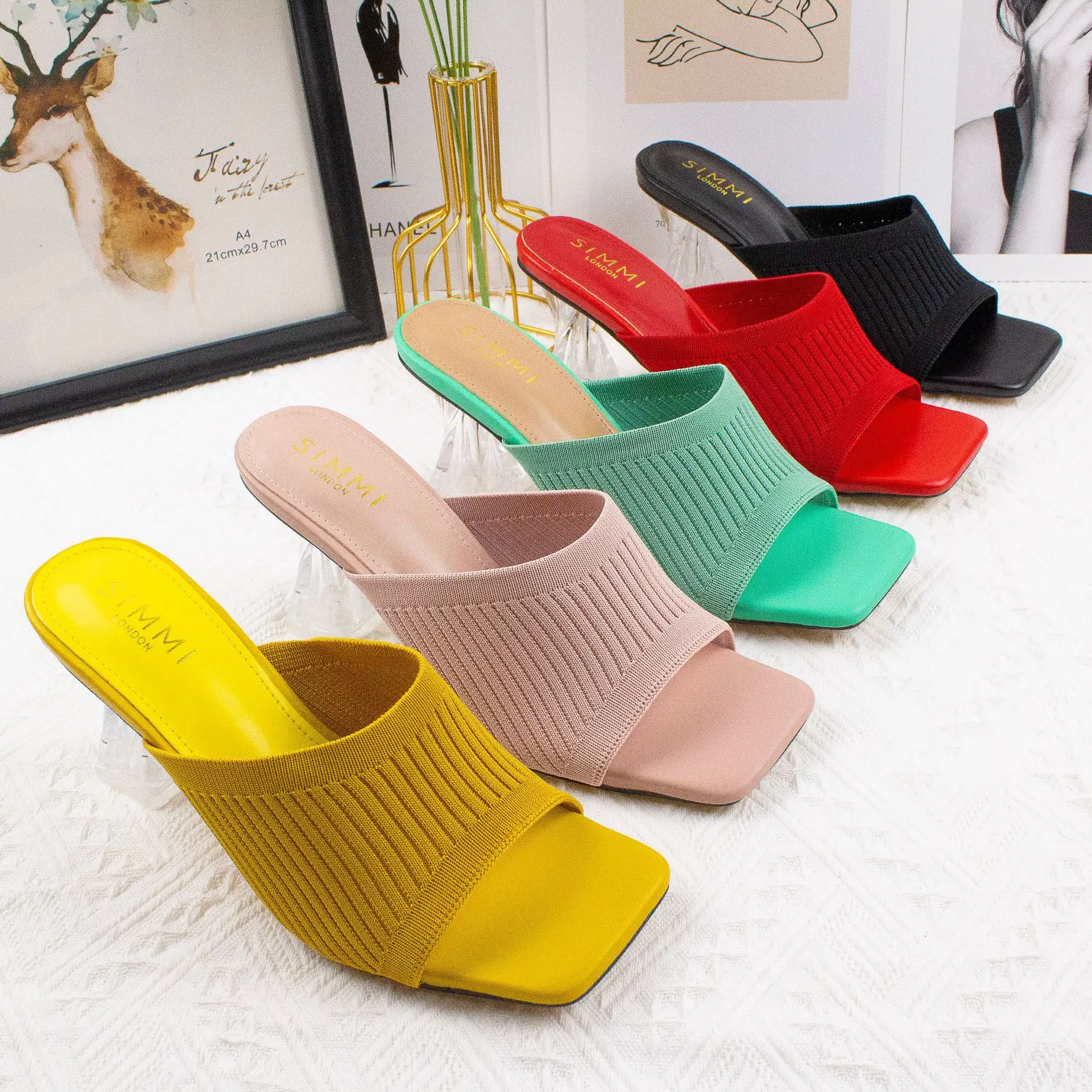 

Modern Knitting High Heels Women Slip on Crystal Heel Women Slippers Zapatillas Mujer Summer Square Head Party Sandals Ladies