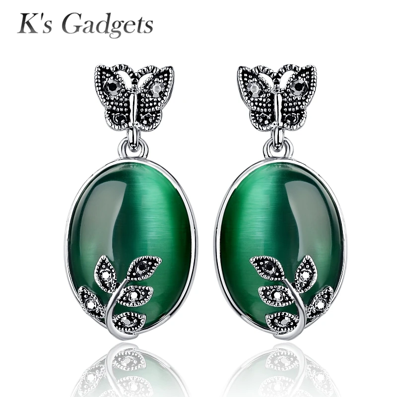 Серьги с Зелёным Камнем Большой Натуральный Опал Бабочки Винтажные Ретро Тёмный
