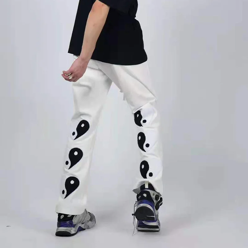 

Tai Chi Heart Shape Embroidery Straight Black Couple Track Pants Streetwear Drawstring Spliced Retro Baggy Mens Casual Trousers