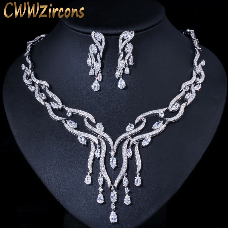 

Женский комплект украшений CWWZircons, Свадебный комплект из ожерелья и сережек с длинными кисточками и белым кубическим цирконием, модель T357