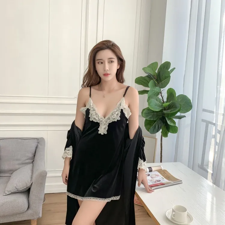

Velvet 2PCS Nighty&Robe Suit Nightgown Autumn New Sleep Set Kimono Gown Women Sexy Soft Intimate Lingerie Nightdress Bathrobe