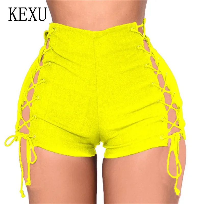 

KEXU High Waist Both Side Criss Cross Lace Up Skinny Denim Shorts S-XXL Plus Size Women Sexy Rivet Solid Short Pants