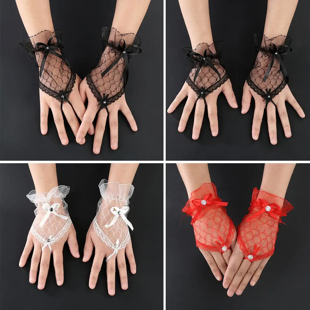 

Лидер продаж! Сексуальные кружевные вечерние короткие перчатки с бантом без пальцев для невесты, свадебный аксессуар, короткие перчатки бе...