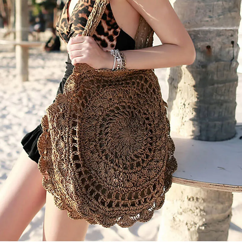 

Bohemian Straw Bag For Women Circle Beach Handbags Summer Rattan Shoulder Bags Handmade Knitted Travel Large Capacity Totes Bag