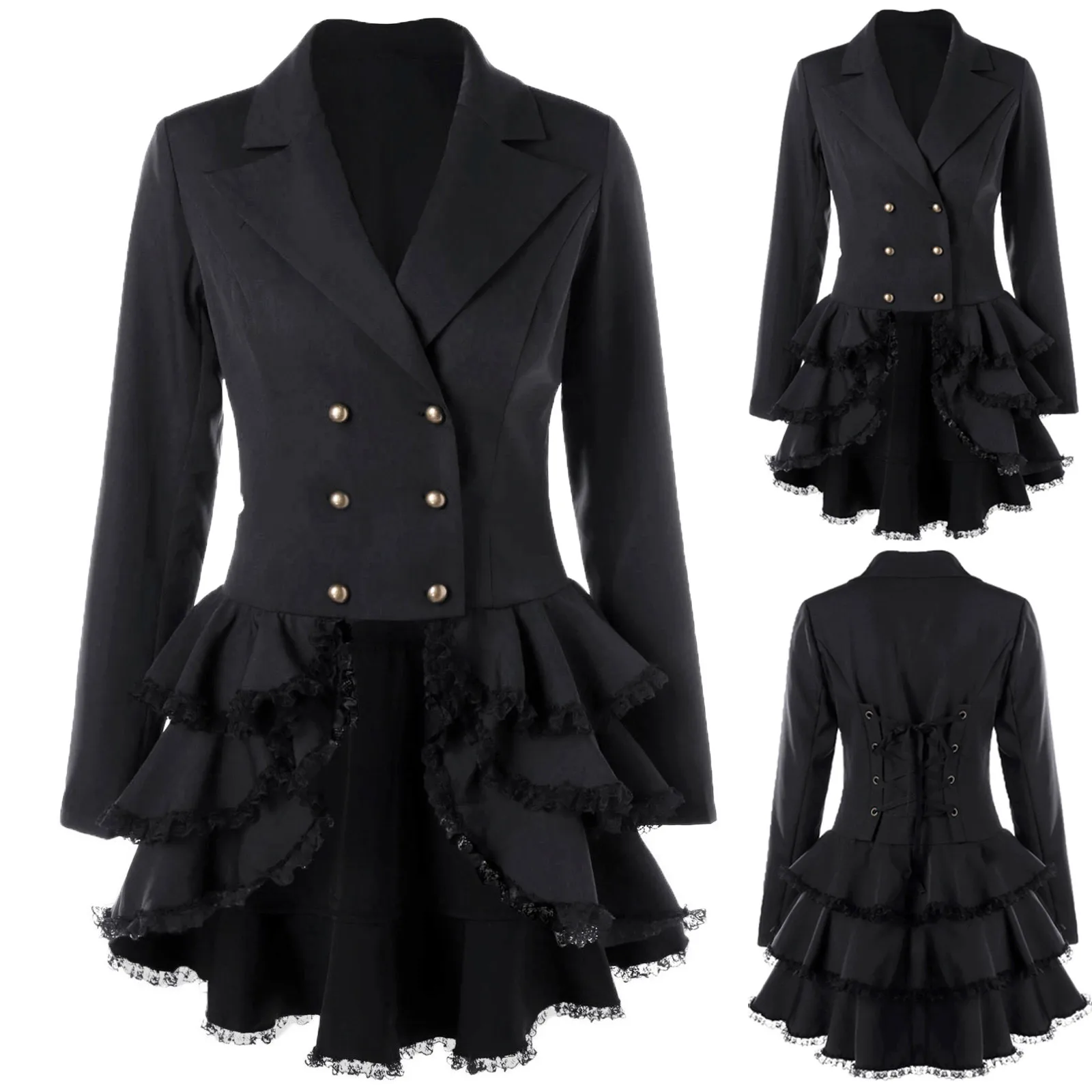 

Gothic Black Long Sleeve Slim Fit Lace Up Double Row Button Ruffle Skirt Coat Lolita Dress Women's Autumn And Winter Suit Coat #