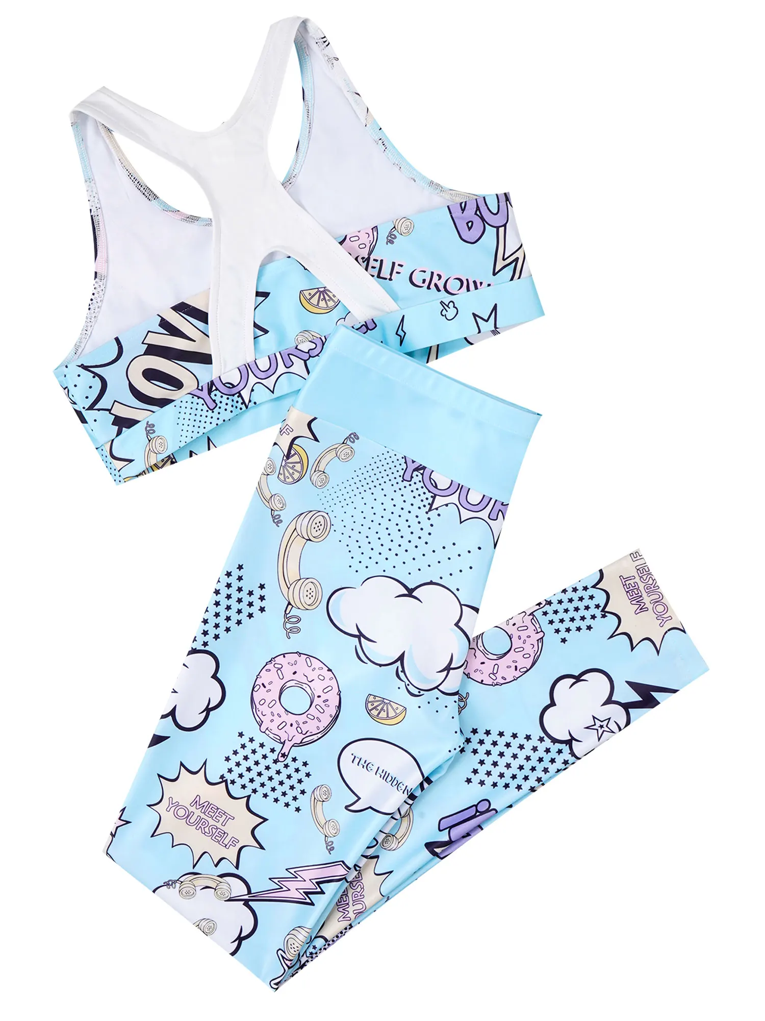 Children Girls Printed Cartoon Sportswear Crop Tank Top Long Pants 2 Pcs Yoga Sets Tracksuit Kids Ballet Gym Workout Clothes