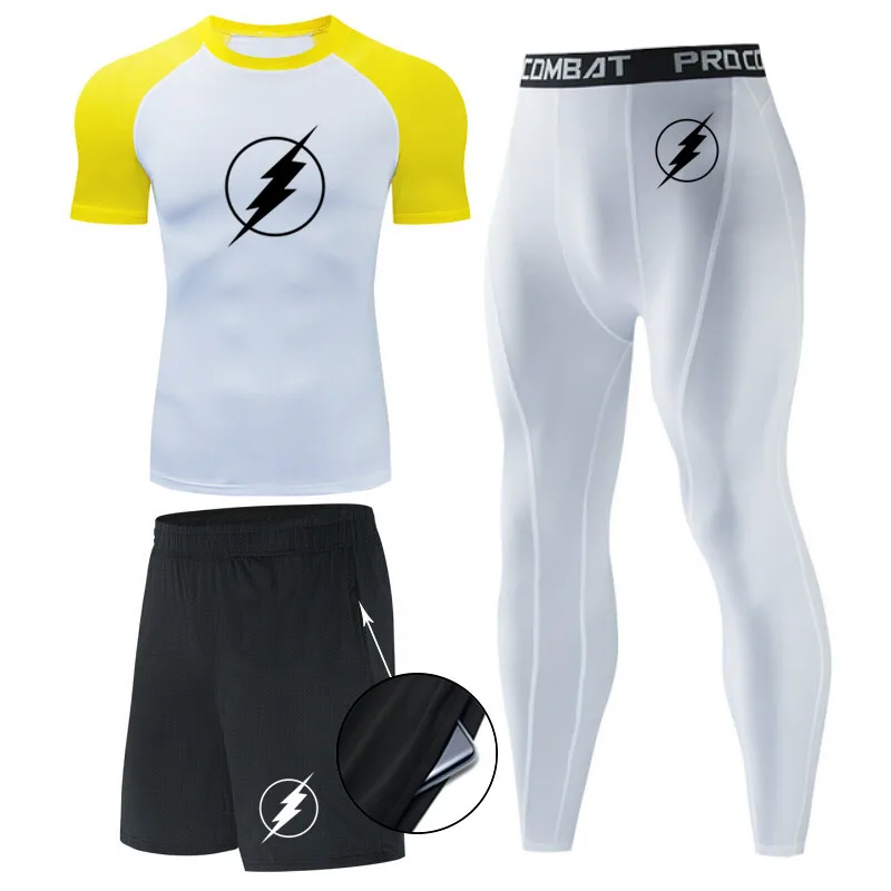 

2021 New Fall Fitness Training Clothes Men's Compression Leggings Leggings Shorts 3-Piece Running SuitShortSleeved Sportswear