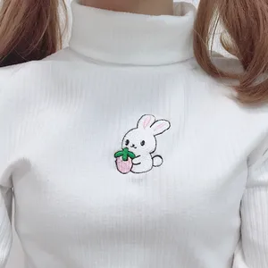 Новинка, Осенний Повседневный женский свитер, пуловер kawaii Bunny, тянущийся Топ, очень Милая Вышивка Кроликом, водолазка, Эластичный теплый вязаный джемпер