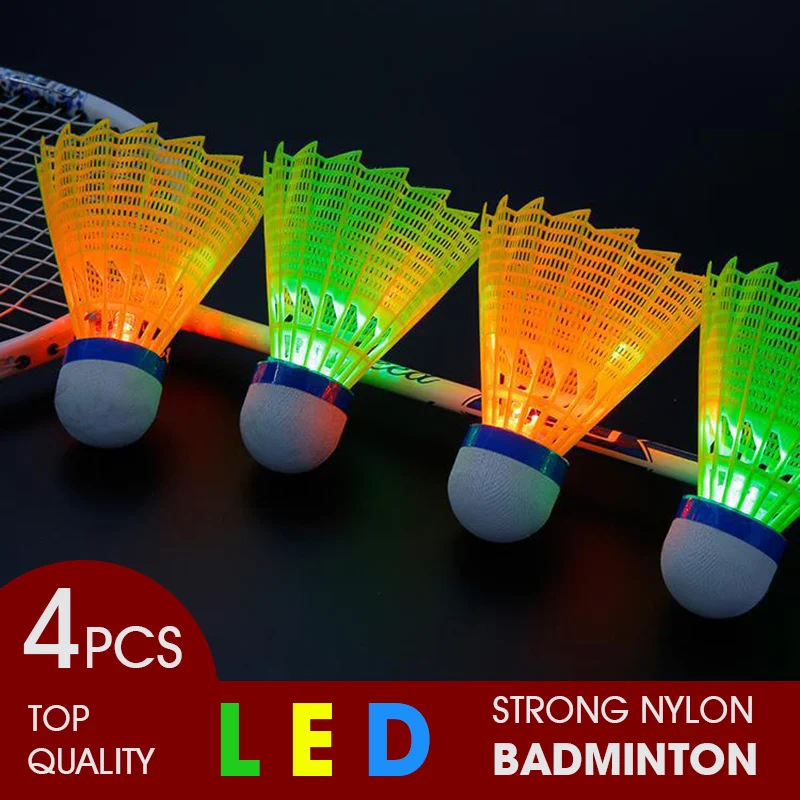 

WELKIN 4pcs Dark Night LED Glowing Light Up Strong Nylon Badminton Shuttlecocks Colorful Lighting Balls Indoor & Outdoor Sports