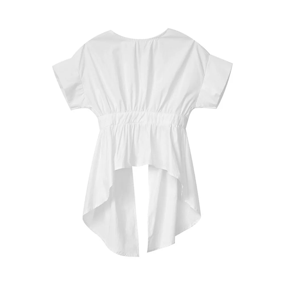 

Korean White Tops Summer New Simple O Neck High Waist Slimming Irregular Backless Strap Short-sleeved Shirt Women Blusa