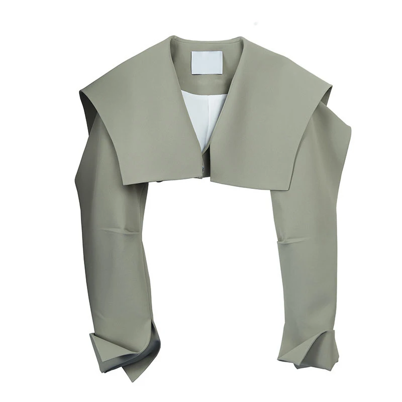 

VGH Korean Short Green Jacket For Women Sailor Collar Long Sleeve Casual Single Button Jackets Females 2021 Spring Fashion Style