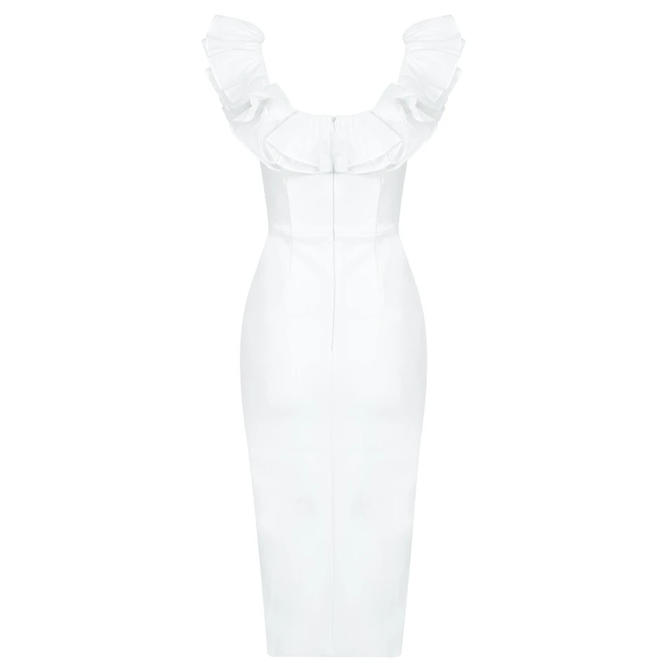 Женское облегающее платье без рукавов белое Бандажное с оборками и V образным