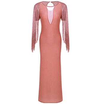 Gold New Style Women Dress Sexy Deep V-neck Glitter Dress Rhinestone Long Tassel Vintage Ladies High Waist Split Sparkly Dresses - Цвет: Gold